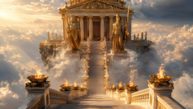 Majestic heavenly temple of Mount Olympus with golden statues of Greek gods and grand staircase above the clouds