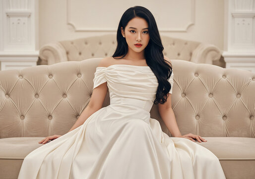 Portrait of attractive young brunette woman in white dress sitting on sofa in vintage room