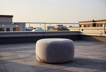 Fototapeta premium Rooftop lounge area with modern outdoor furniture, urban living and relaxation space, city view at sunset