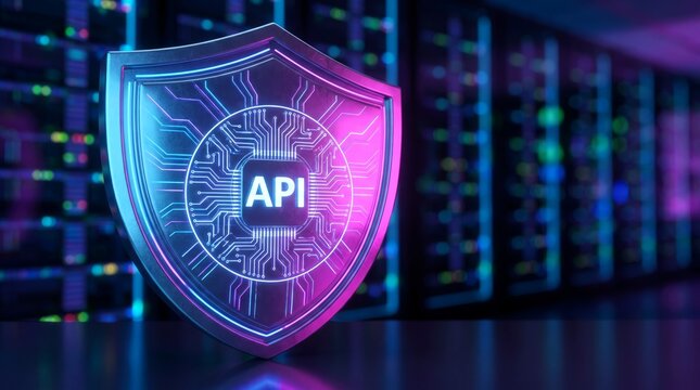 Metallic shield displaying glowing neon circuitry with the api text label under soft dramatic blue and pink ambient studio lighting