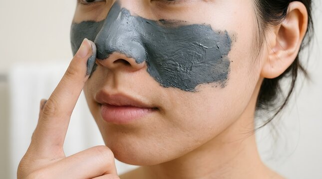 泥パックを指で鼻に塗る女性の毛穴スキンケア