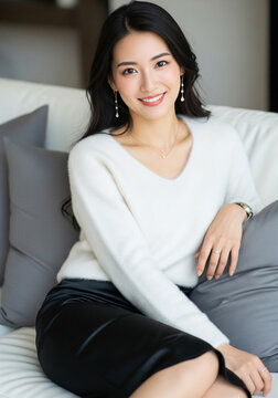 Young woman portrait indoor home white shirt pensive expression natural light bedroom sitting Asian woman home interior calm mood