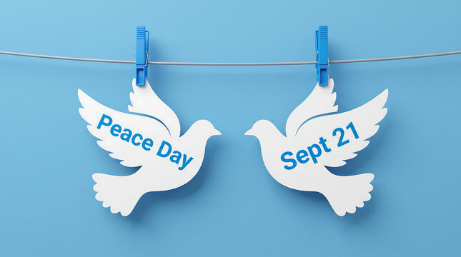 International Peace Day, September 21 concept with paper doves on blue background, white bird symbol for global harmony, zero draft resolution commemorative card