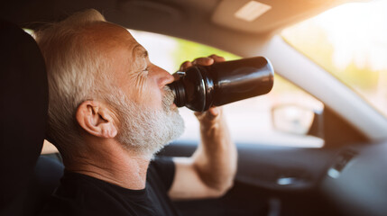 Naklejka premium Man drinks from a bottle while seated in a car during sunset