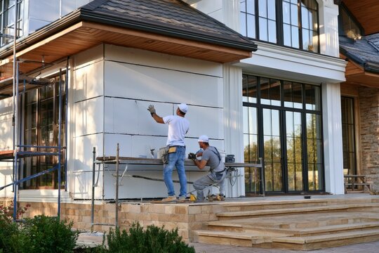 Two workers install white panels on a modern home exterior