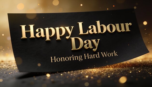 Displaying black card tilting on glitter surface, showing gold Happy Labour Day text and bokeh orbs