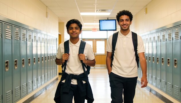 Walking two teens in white polos along school corridor with lockers, carrying backpacks and jacket