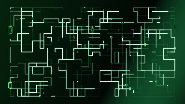 Glowing electronic circuit diagram changes illumination across a dark green digital background