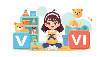 Fototapeta premium Young girl playing video games with toys around.