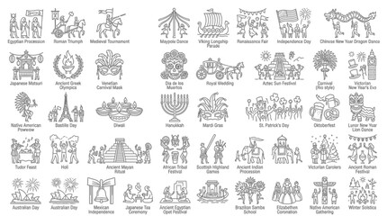 Naklejka premium A comprehensive collection of line art icons depicting various global holidays, cultural festivals, and traditional celebrations from around the world.