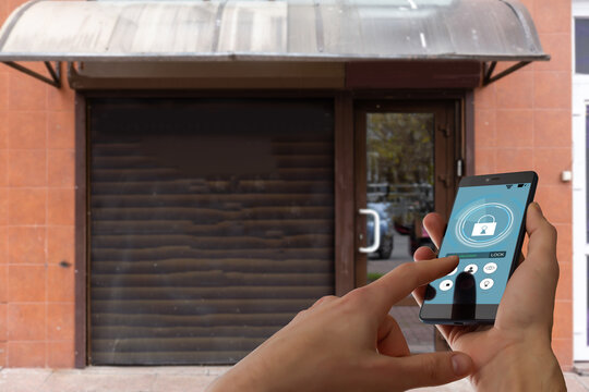 Woman unlocking smartphone application on the screen, closeup. Space for text