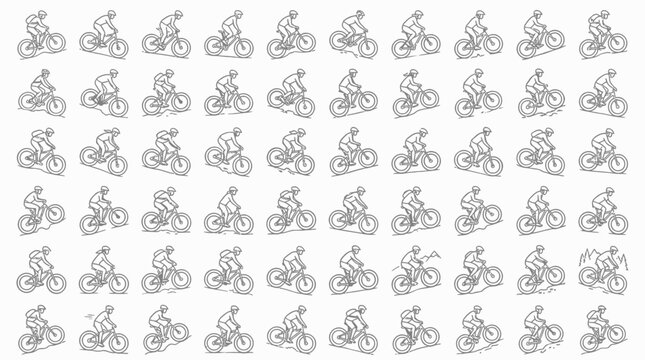 A grid of numerous black and white line art illustrations depicting a person riding a bicycle in various dynamic poses and stages of motion.