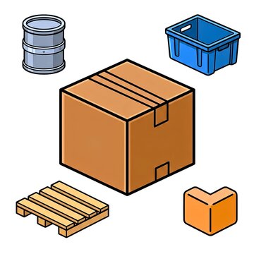 Isometric set of logistics icons including cardboard box, shipping pallet and crate.