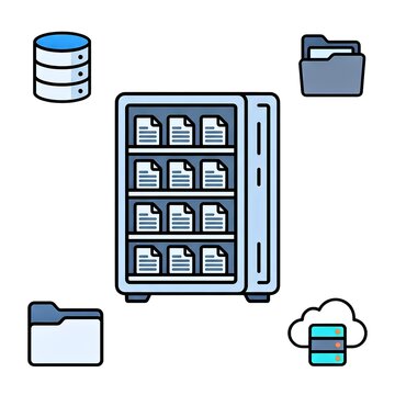 Digital data storage server rack with cloud computing and file management icons