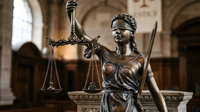 Bronze statue of blindfolded lady justice holding golden scales of balance