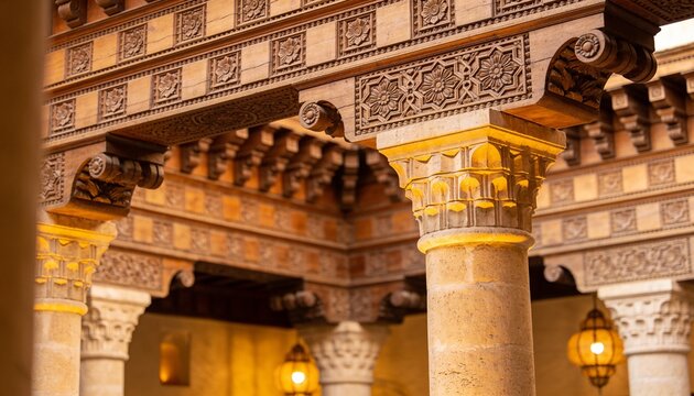 Highlighting carved wooden lintel and sandstone column in historic arcade, with metal lanterns
