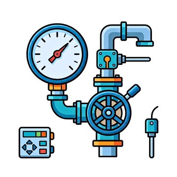 Industrial pressure gauge and valve system with digital control panel icon