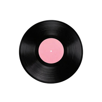 Black vinyl record with blank pink label on white background