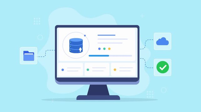 Modern flat vector animation of a desktop monitor displaying a database management dashboard with cloud storage, file, and confirmation icons for digital data concepts.