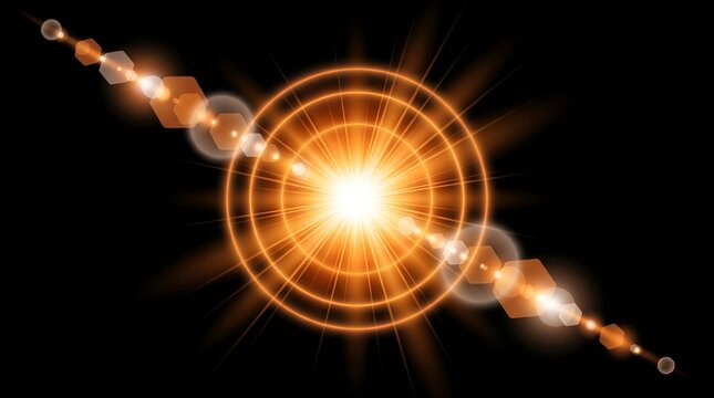 Glowing orange circular light burst with vibrant lens flare effects