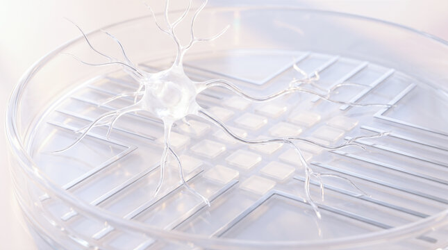 Glass brain cell model resting over microchip grid inside science culture dish representing modern biomedical engineering neural interface biotechnology research setup