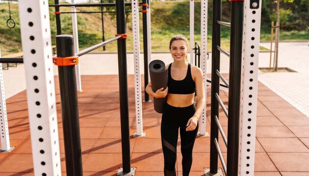 Walking woman wearing black sports bra and mesh leggings at outdoor rig, holding rolled yoga mat