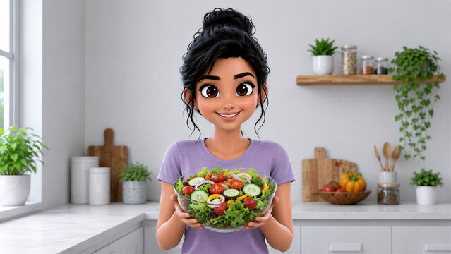 3D Indian Woman Holding a Fresh Healthy Salad in Modern Kitchen