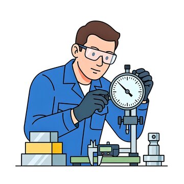 Technician using a dial indicator for precise mechanical measurement and quality control.