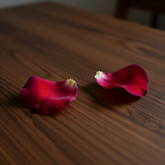 Naklejka premium Love and romance concept, two red rose petals on a dark wooden table, symbol of passion and delicate beauty