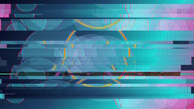 Abstract Digital Glitch Artifacts with Distorted Neon Circles and Colorful Scan Lines