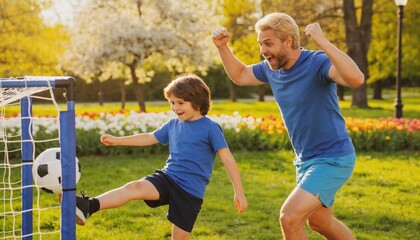 Naklejka premium Kicking boy and father wearing blue shirts in sunny park with tulips, net and soccer ball