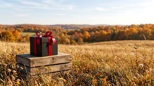 Black Gift Box With Red Ribbon On Wooden Crate In Autumn Landscape