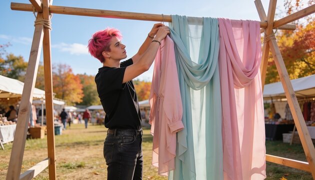 Arranging vendor wearing black tee, dark jeans adjusting pastel fabrics at market, timber stand