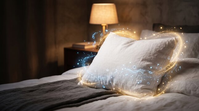 White soft pillow on comfortable bed in cozy bedroom with glowing golden light ring and blue freshness sparkles for sleep quality concept.