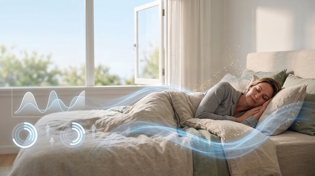Peaceful woman sleeping in comfortable bed near open window with glowing blue air stream and digital sleep tracking data hologram concept.