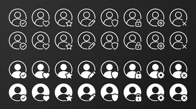 White user profile icon set featuring diverse circular graphic interface symbols