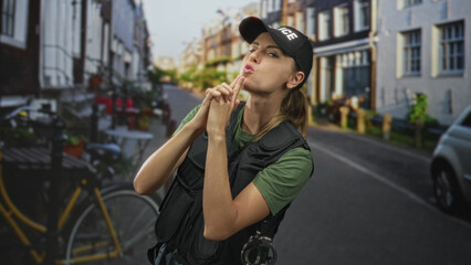 Fototapeta premium Woman police officer shushing with finger to lips on a street, wearing tactical vest and visible handcuffs; hush seriousness.