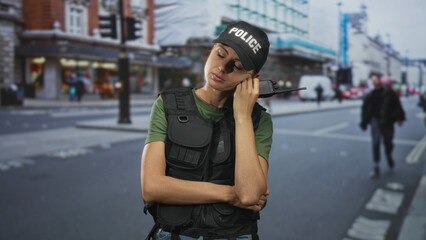 Fototapeta premium Woman police officer holds walkie talkie to cheek with crossed arm on a busy street, cap labeled police and tactical vest visible; weary vigilance duty.