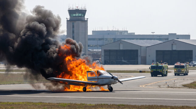 Small Airplane on Fire on Airport Runway with Fire Trucks