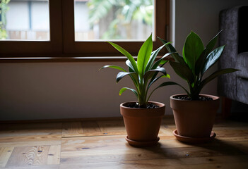 Fototapeta premium Indoor plants for home decor and wellness, green foliage in terracotta pots on wooden floor by window light
