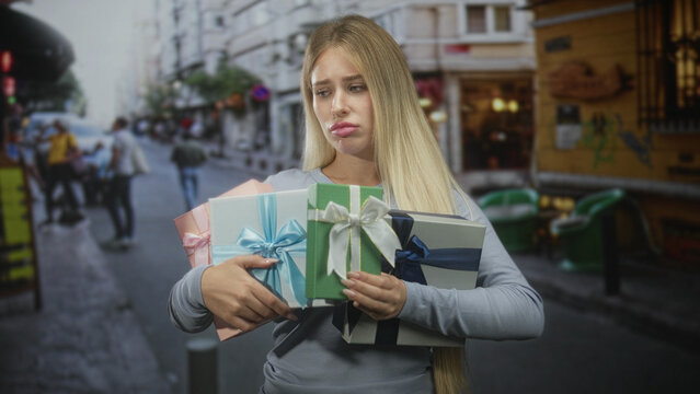Young blonde woman holding several wrapped gift boxes tightly against her hands, pouting lips on a busy city street; frustration.