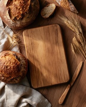 Artisan bakery mockup displaying freshly baked breads on a rustic wooden table