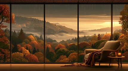 Naklejka premium Serene autumn view from a cozy room with golden light and vibrant foliage