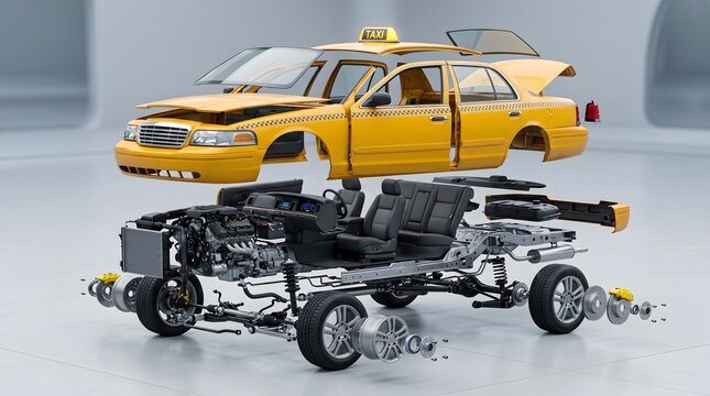 Automotive engineering exploded view of yellow taxi cab showing vehicle chassis engine and internal mechanical components