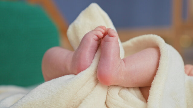 Baby girl feet with curled toes gripping a soft cream blanket, legs bent and feet touching in studio; new life tenderness.