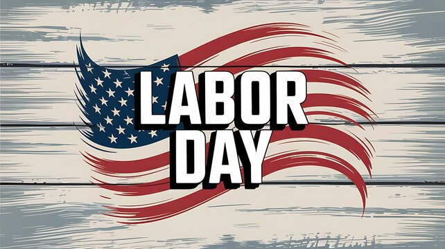 Labor Day celebration graphic featuring American flag design and bold text elements