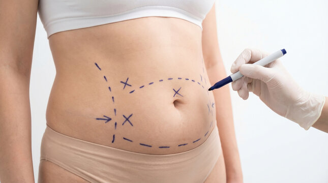 Surgeon's Hand Marking Abdomen with Crosses and Dashed Lines for Plastic Surgery