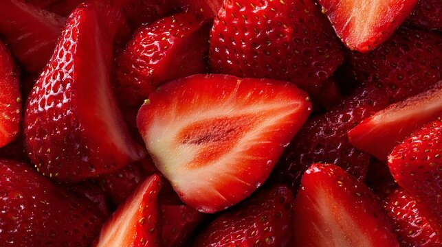 Close-up vibrant strawberries with fresh slices revealing juicy red interiors against a glossy reflective surface, perfect for fresh produce marketing and healthy snack inspiration