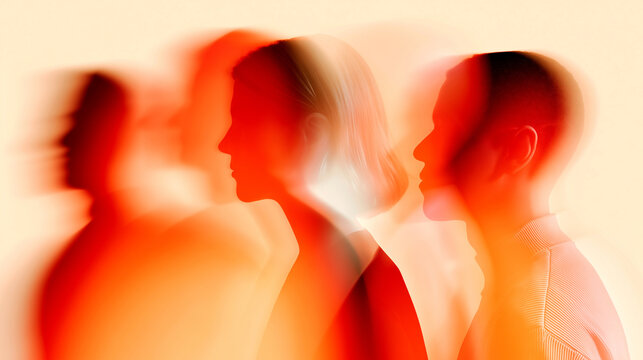 Abstract silhouette people face profile orange red warm glow double exposure overlay, identity society connection surreal dreamlike concept, modern editorial creative atmospheric dynamic.