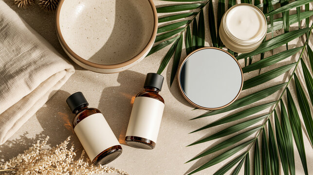 Skincare flat lay with amber bottles, blank label mockup, cream jar, mirror, palm leaves, ceramic bowl, natural beauty product styling, spa wellness aesthetic.